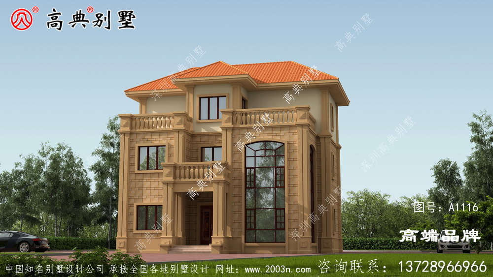 二楼凸出来的飘窗造型感十足 ,丰富别墅立面曲线